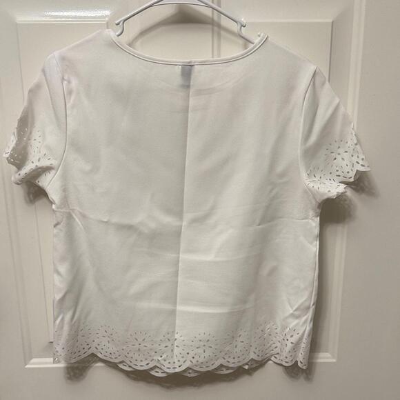White Short Sleeve Top with Scalloped Laser Cut Edges - Picture 4 of 8